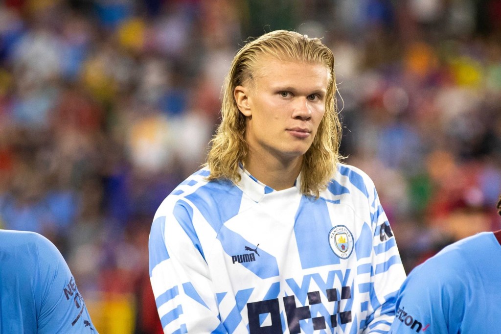 Manchester City forward Erling Haaland (9) looks into the crowd after the exhibition match between FC Bayern Munich and Manchester City on Saturday, July 23, 2022, at Lambeau Field in Green Bay, Wis. Gpg Bayern Man City Match 7232022 0007