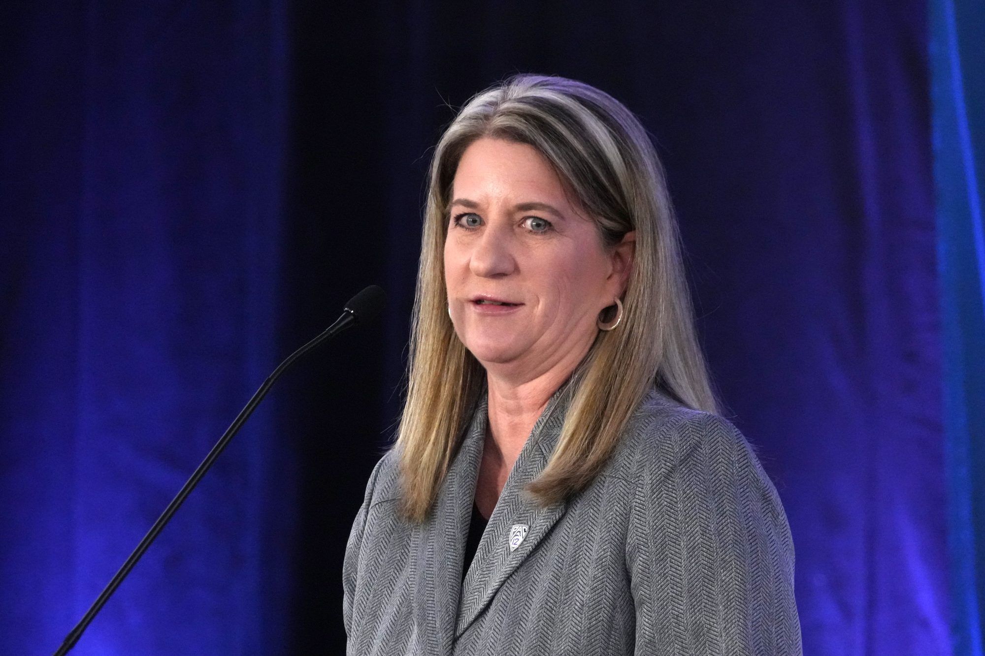 Oct 25, 2022; San Francisco, CA, USA; Deputy commissioner Teresa Gould speaks during Pac-12 Women's Basketball Media Day at the Pac-12 Network Studios.