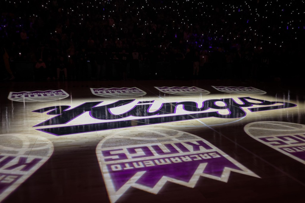 Oct 27, 2023; Sacramento, California, USA; A general of the Sacramento Kings logo on the court before the game against the Golden State Warriors at Golden 1 Center.