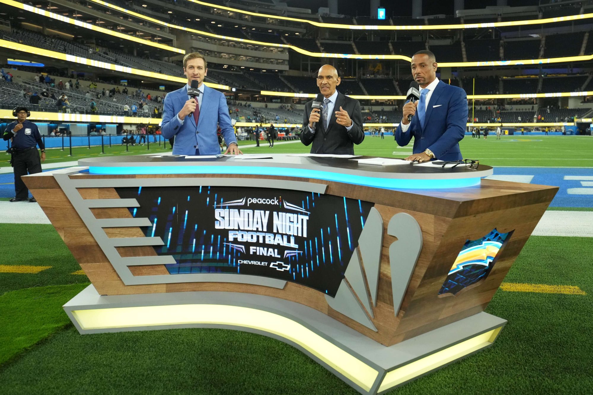 Oct 29, 2023; Inglewood, California, USA; Jac Collinsworth (left), Tony Dungy (center) and Rodney Harrison on the Sunday Night Football Final set at SoFi Stadium. Mandatory Credit: Kirby Lee-USA TODAY Sports