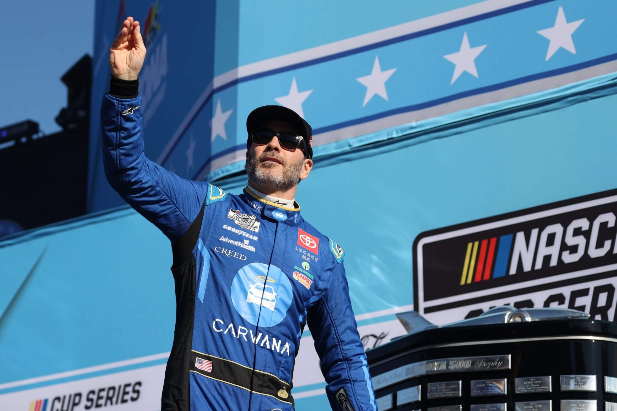 Feb 19, 2024; Daytona Beach, Florida, USA; NASCAR Cup Series driver Jimmie Johnson (84) during driver introductions before the Daytona 500 at Daytona International Speedway. Mandatory Credit: Peter Casey-USA TODAY Sports