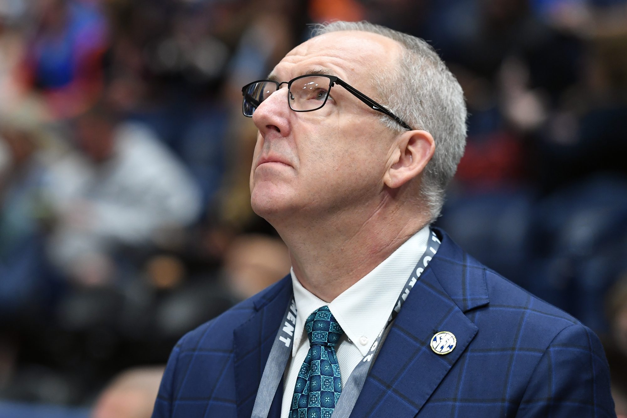 Mar 17, 2024; Nashville, TN, USA; SEC commissioner Greg Sankey looks on before the SEC Tournament championship game between the Florida Gators and the Auburn Tigers at Bridgestone Arena.