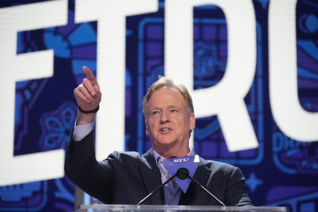 Apr 25, 2024; Detroit, MI, USA; NFL Commissioner Roger Goodell addresses the crowd during the 2024 NFL Draft at Campus Martius Park and Hart Plaza.