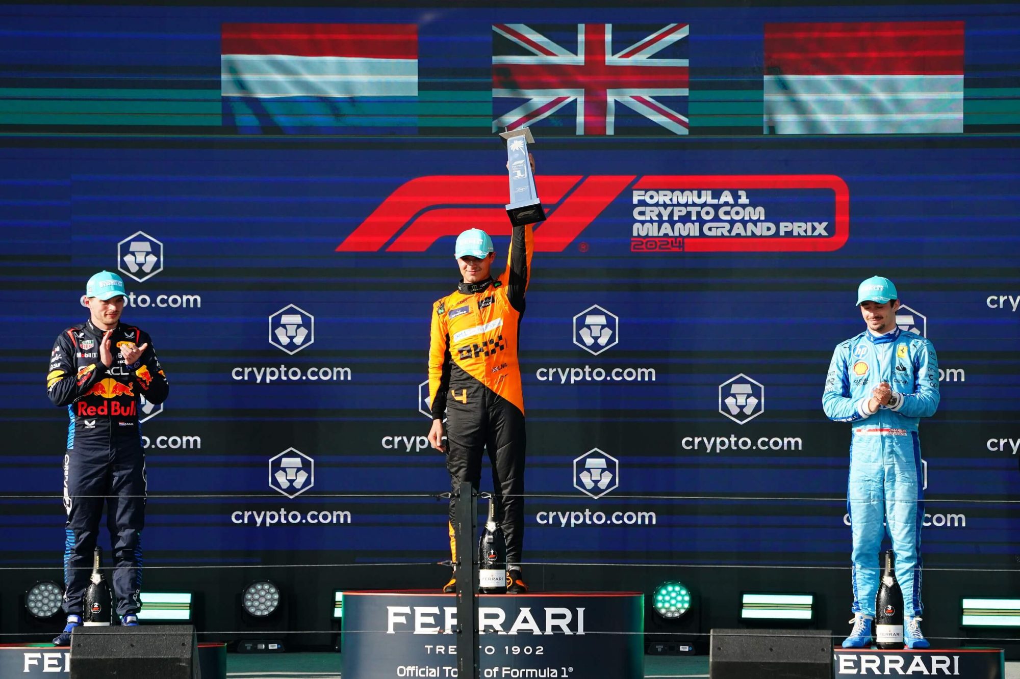 May 5, 2024; Miami Gardens, Florida, USA; McLaren driver Lando Norris (4) reacts after winning the Miami Grand Prix at Miami International Autodrome. Mandatory Credit: John David Mercer-USA TODAY Sports