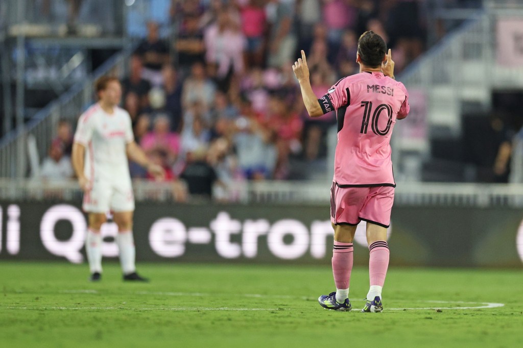Jun 1, 2024; Fort Lauderdale, Florida, USA; Inter Miami CF forward Lionel Messi (10) reacts after scoring a goal during the first half against St. Louis CITY SC at Chase Stadium. Mandatory Credit: Nathan Ray Seebeck-USA TODAY Sports