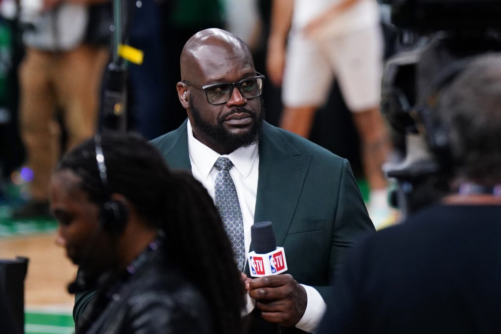 Jun 6, 2024; Boston, Massachusetts, USA; Shaquille O'Neal looks on before the game between the Boston Celtics and the Dallas Mavericks in game one of the 2024 NBA Finals at TD Garden.