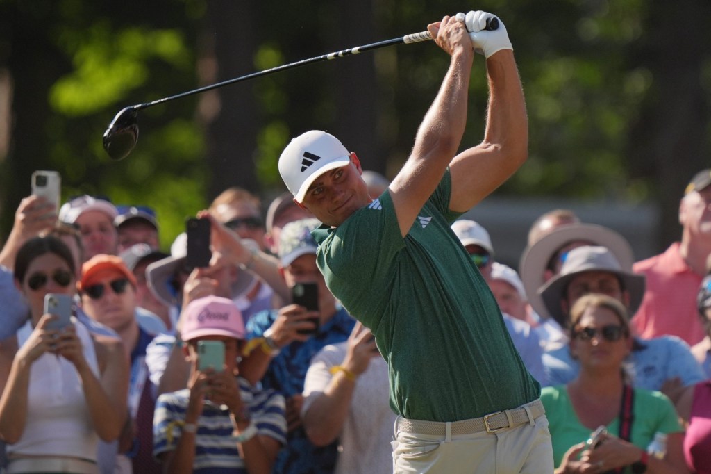 Jun 15, 2024; Pinehurst, North Carolina, USA; Ludvig Aberg hits from the number eight tee box during the third round of the U.S. Open golf tournament.