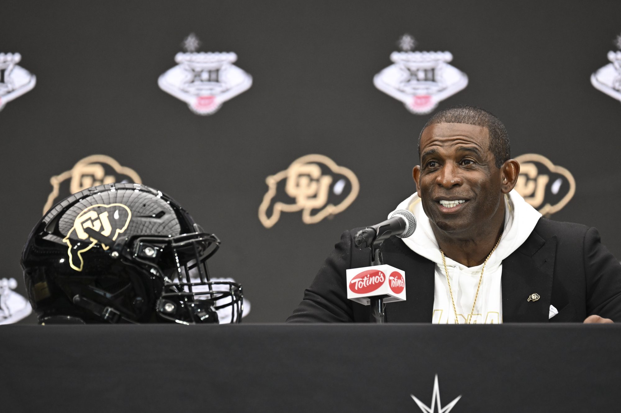 Jul 10, 2024; Las Vegas, NV, USA; Colorado Buffaloes head coach Deion Sanders speaks to the media during the Big 12 Media Days at Allegiant Stadium.