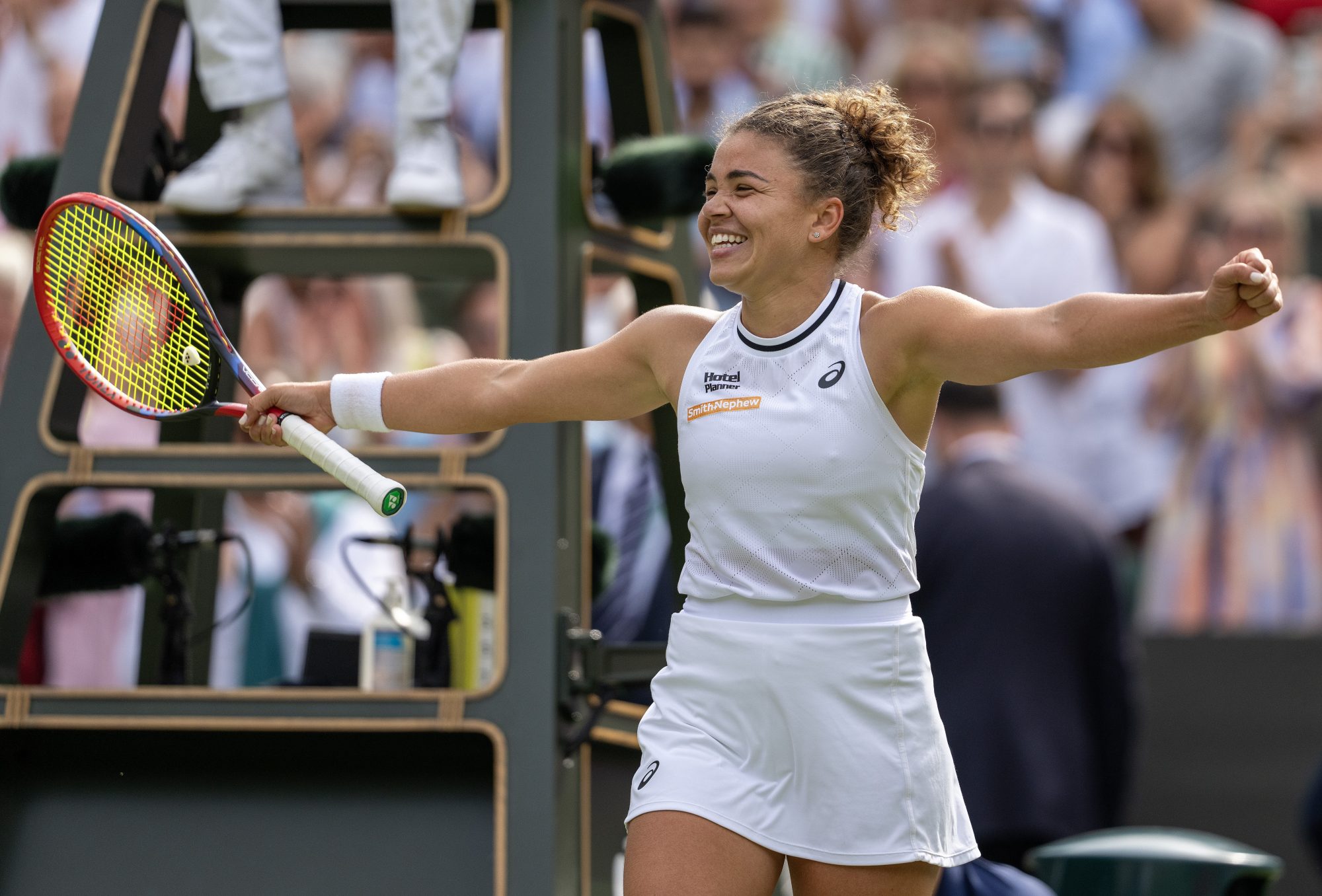 Jul 11, 2024; London, United Kingdom; Jasmine Paolini of Italy celebrates winning her match against Donna Vekic of Croatia (not shown) on day 11 at All England Lawn Tennis and Croquet Club.