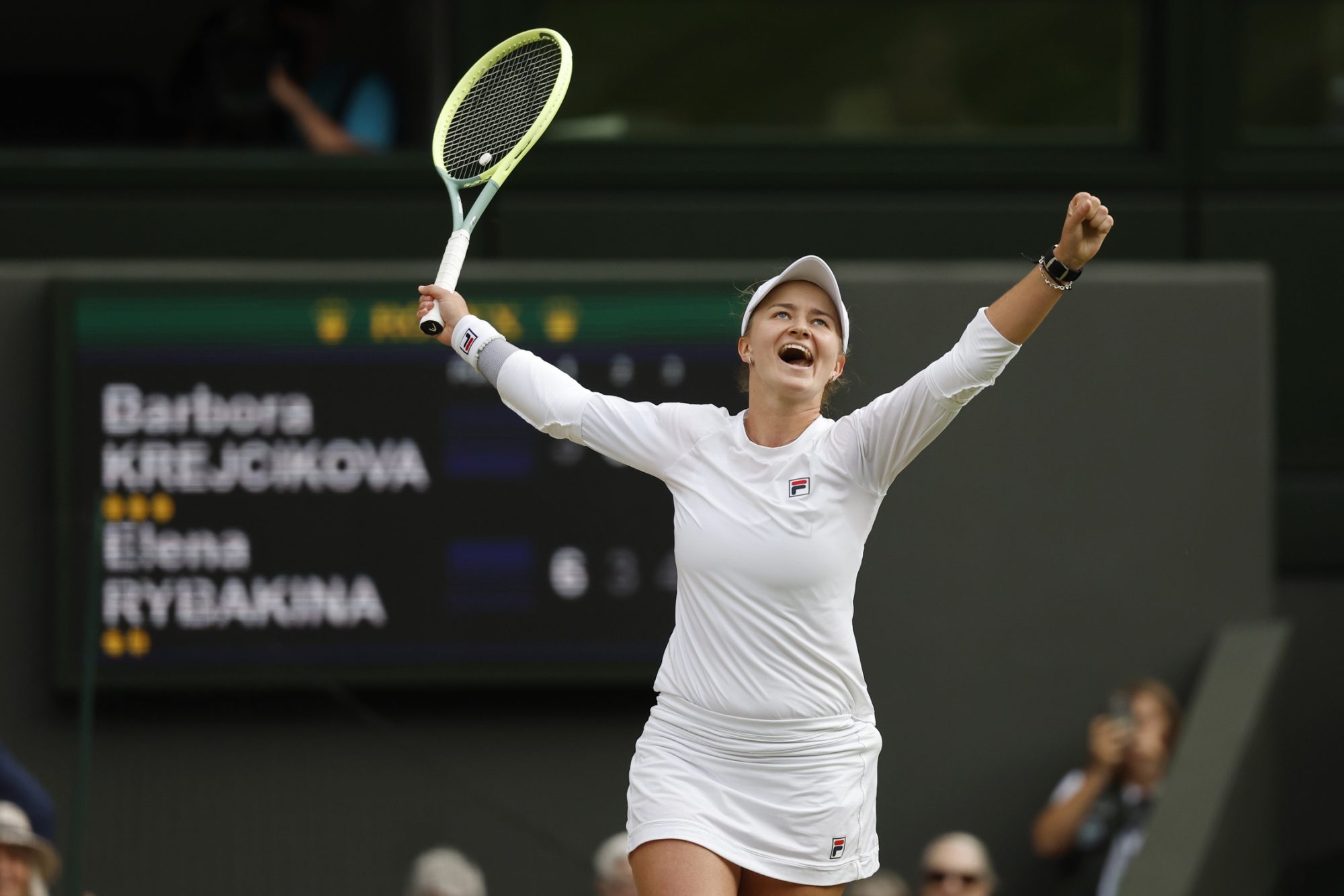 Jul 11, 2024; London, United Kingdom; Barbora Krejcikova (CZE) celebrates after match point against Elena Rybakina (KAZ)(not pictured) in a ladies' singles semifinal of The Championships Wimbledon 2024 at The All England Lawn Tennis Club.