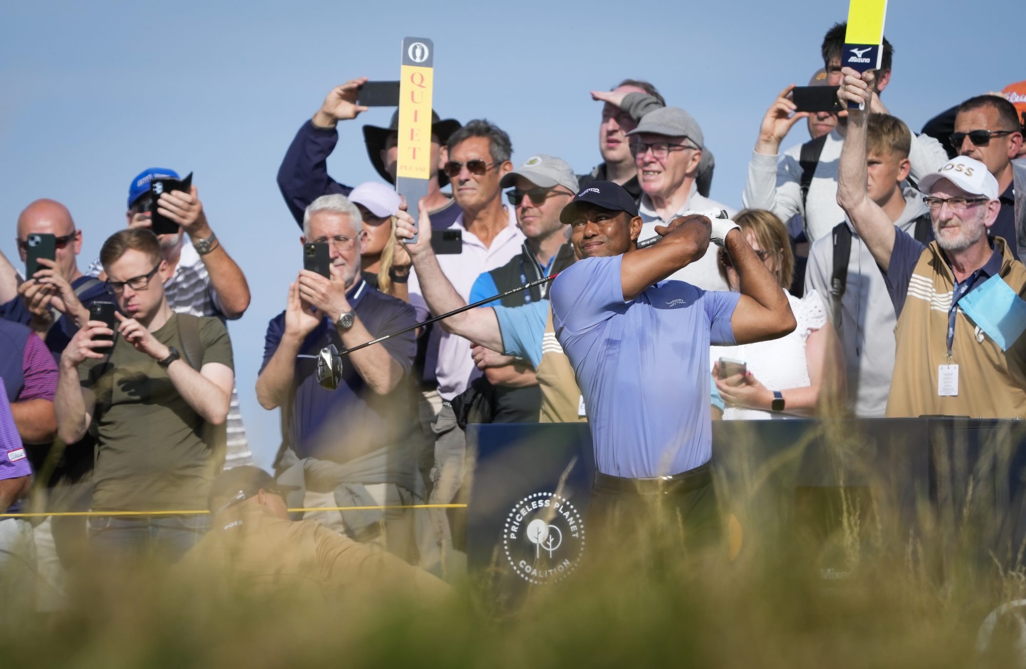 Jul 15, 2024; Ayrshire, SCT; Tiger Woods during a practice round for the Open Championship golf tournament at Royal Troon.