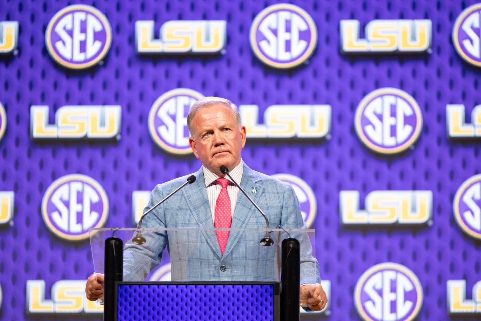 Jul 15, 2024; Dallas, TX, USA; LSU head coach Brian Kelly speaking at Omni Dallas Hotel.