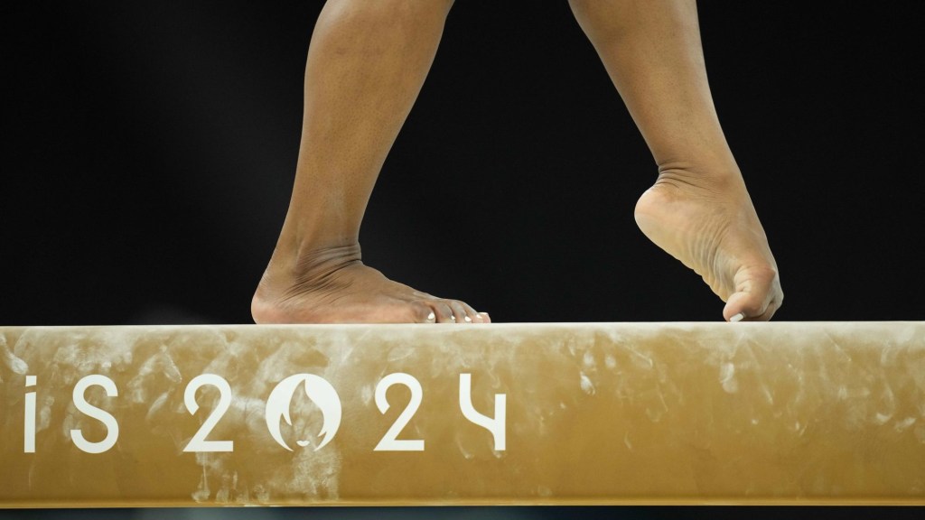 Jul 25, 2024; Paris, France; Simone Biles during a practice session before the Paris 2024 Olympic Summer Games at Bercy Arena.