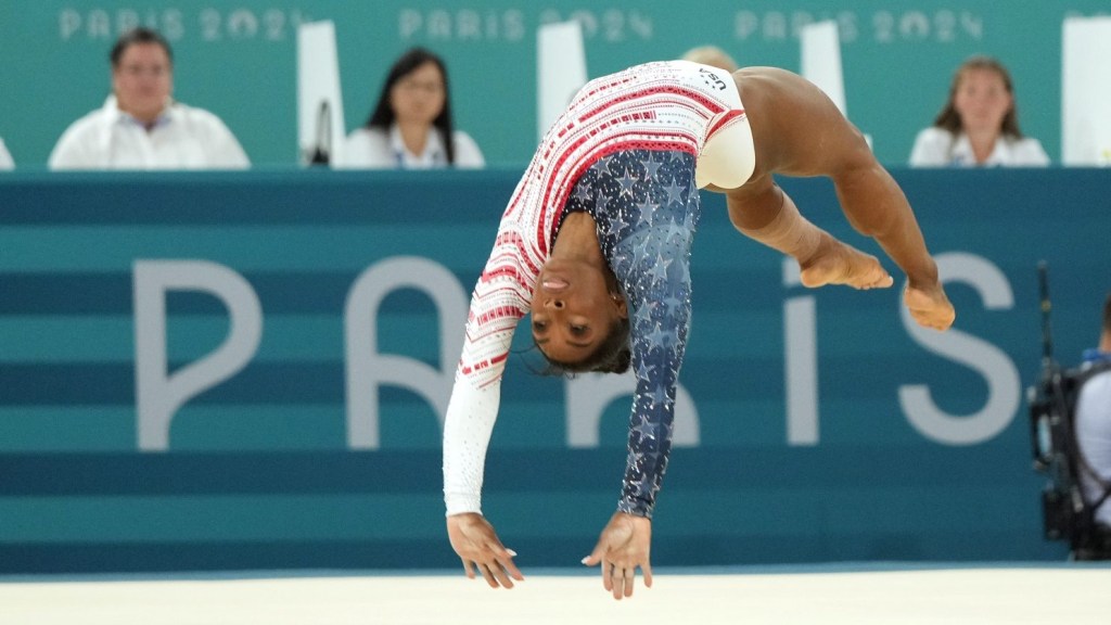 Jul 30, 2024; Paris, France; Simone Biles of the United States competes on the floor exercise during the women’s team final at the Paris 2024 Olympic Summer Games at Bercy Arena