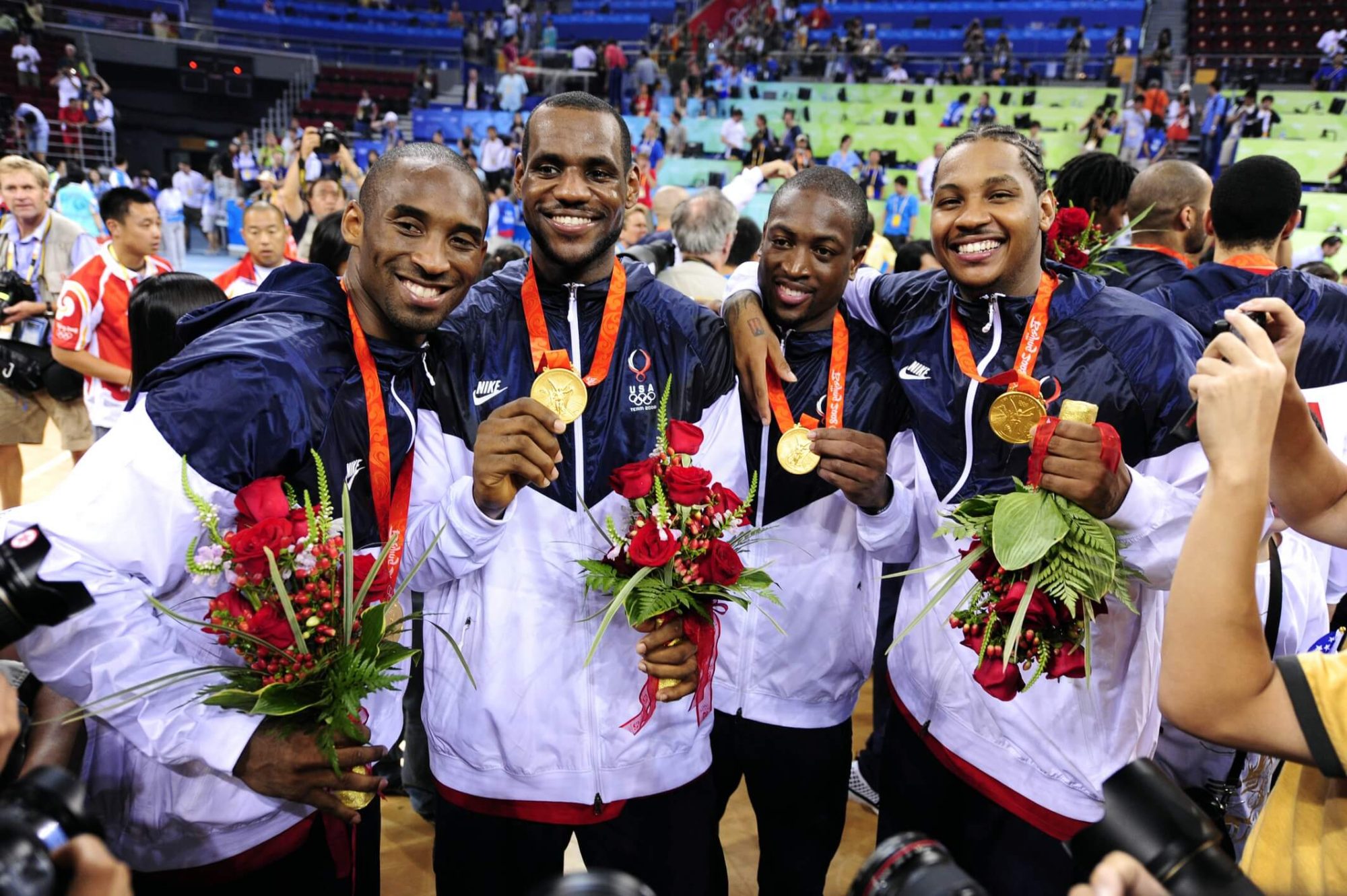 Aug 24, 2008; Beijing, CHINA; USA players Kobe Bryant (left), Lebron James (second left), Dwyane Wade (second right), and Carmelo Anthony pose with their gold medals following the mens basketball gold medal game against Spain at the Beijing Olympic Basketball Gymnasium during the 2008 Beijing Olympic Games. USA beat Spain 118-107 to win the gold medal. Mandatory Credit: Bob Donnan-USA TODAY Sports