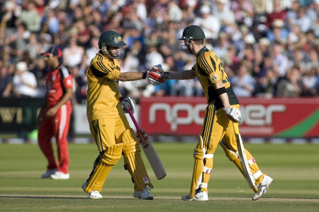 Sep 12, 2009; London, ENGLAND; Australia team player Callum Ferguson (left) congratulates his team mate Shane Watson on scoring a half century during the Nat West, 4th one day international cricket match between England and Australia held at Lords Cricket ground. Australia won the match and lead 4-0 in a 7 match series. Mandatory Credit: Mitchell Gunn-USA TODAY Sports