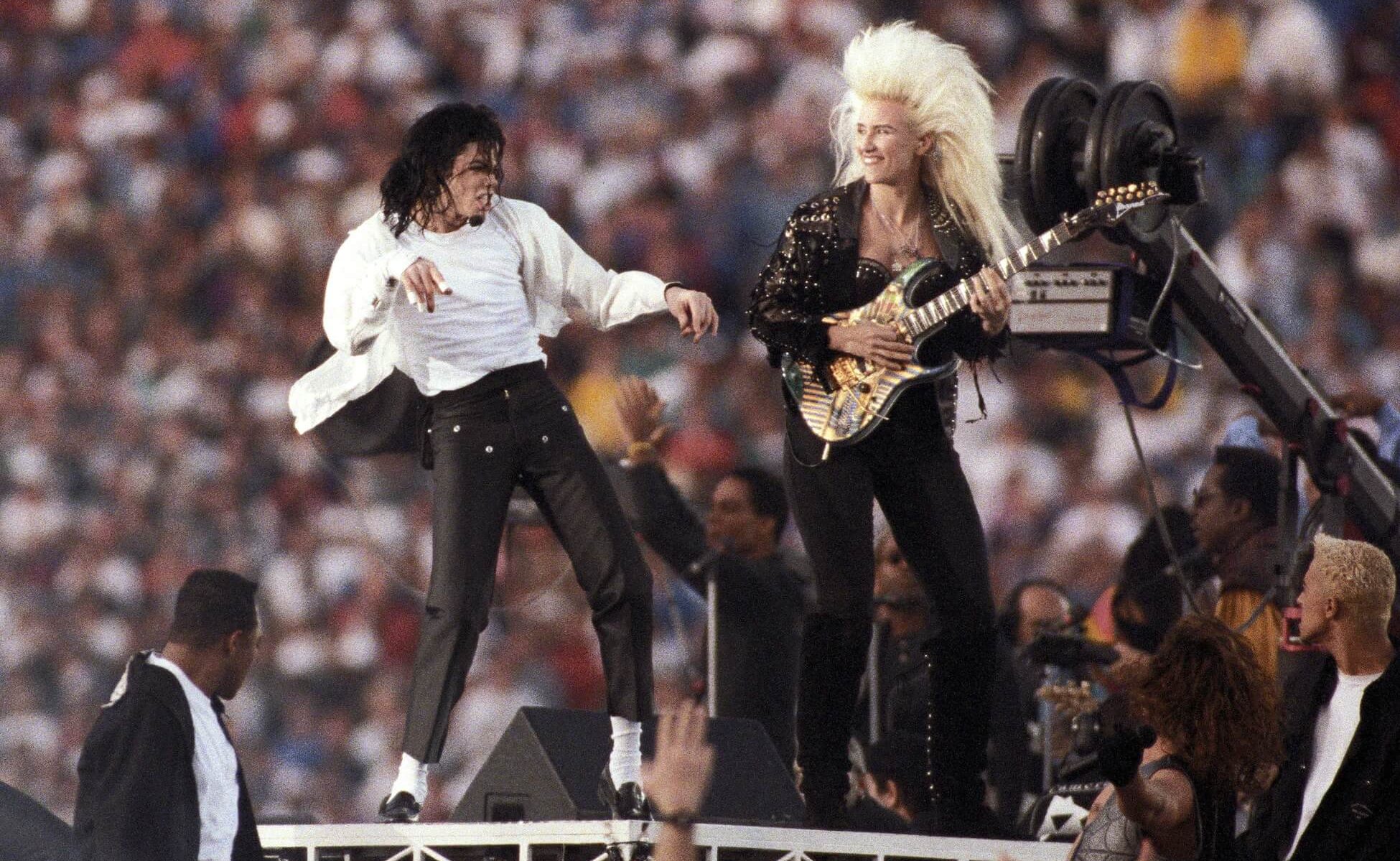 Jan 31, 1993; Pasadena, CA, USA; FILE PHOTO; Recording artist Michael Jackson performs during the halftime show of Super Bowl XXVII at the Rose Bowl. The Dallas Cowboys defeated the Buffalo Bills 52-17. Mandatory Credit: Peter Brouillet-USA TODAY Sports