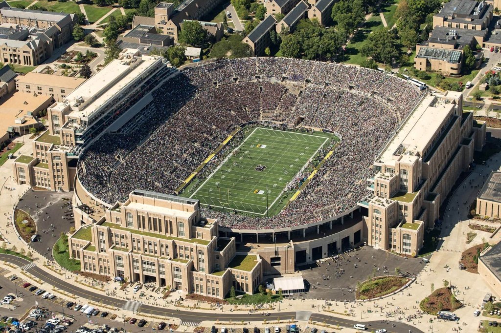 Sep 2, 2017; South Bend, IN, USA; An aerial view of Notre Dame Stadium during the game between the Notre Dame Fighting Irish and the Temple Owls. Mandatory Credit: Matt Cashore-USA TODAY Sports