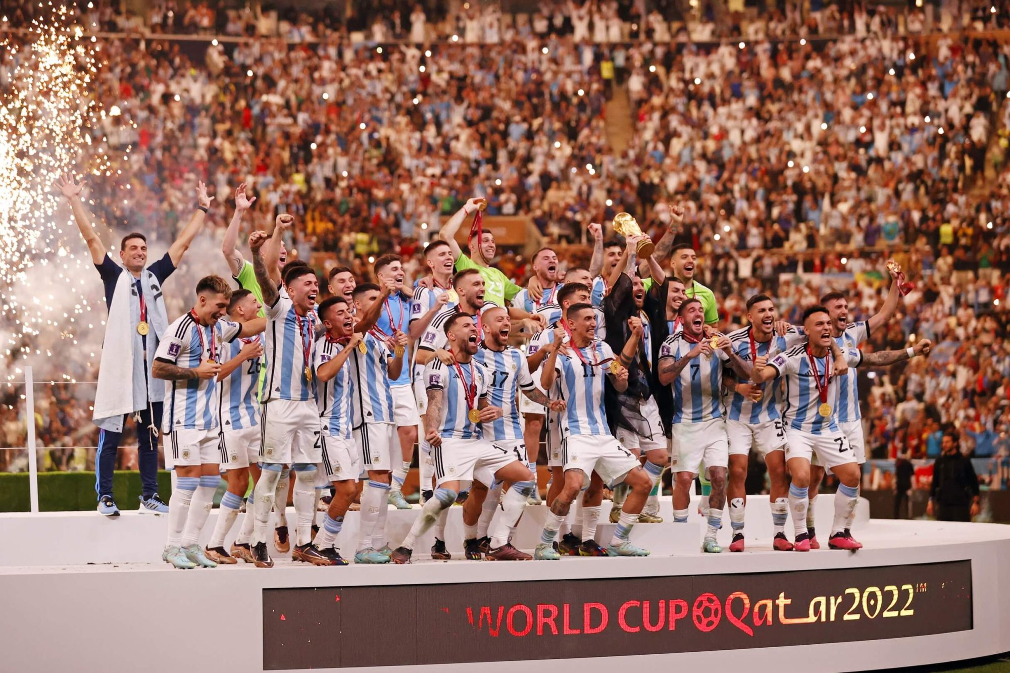 Dec 18, 2022; Lusail, Qatar; Argentina celebrate after winning the 2022 World Cup final against France at Lusail Stadium. Mandatory Credit: Yukihito Taguchi-USA TODAY Sports