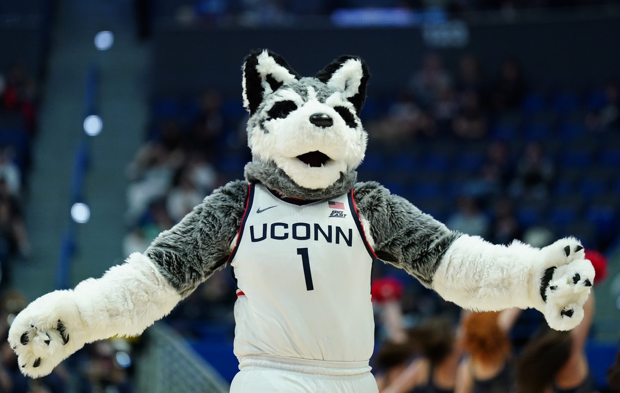 Nov 11, 2023; Hartford, Connecticut, USA; UConn Huskies mascot on the court during a break in the action against the Stonehill Skyhawks in the second half at XL Center.