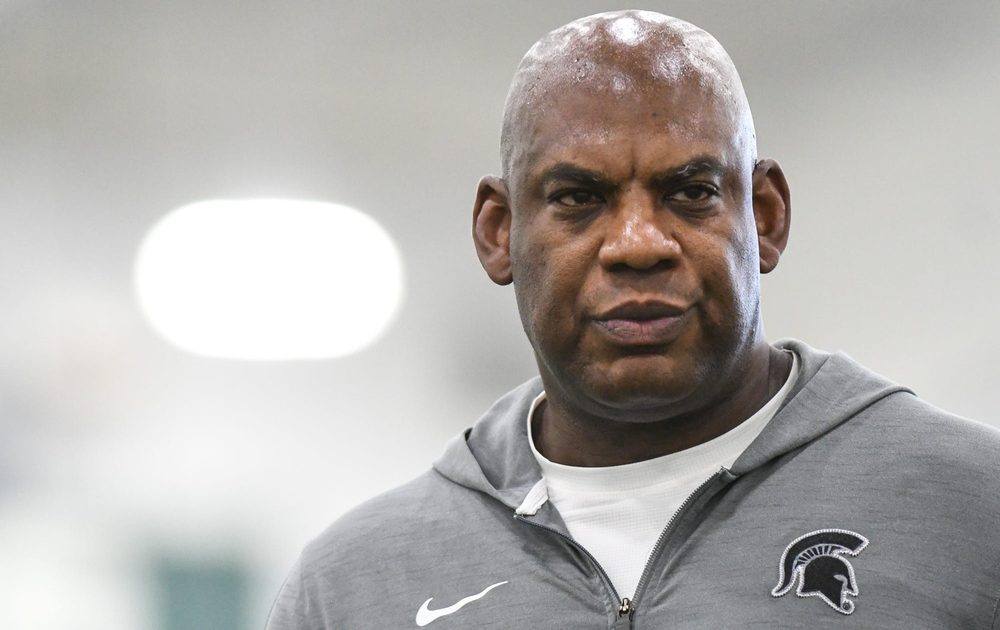 MSU football coach Mel Tucker pictured Tuesday, March 14, 2023, during the first day of spring practice at the indoor football facilty in East Lansing.