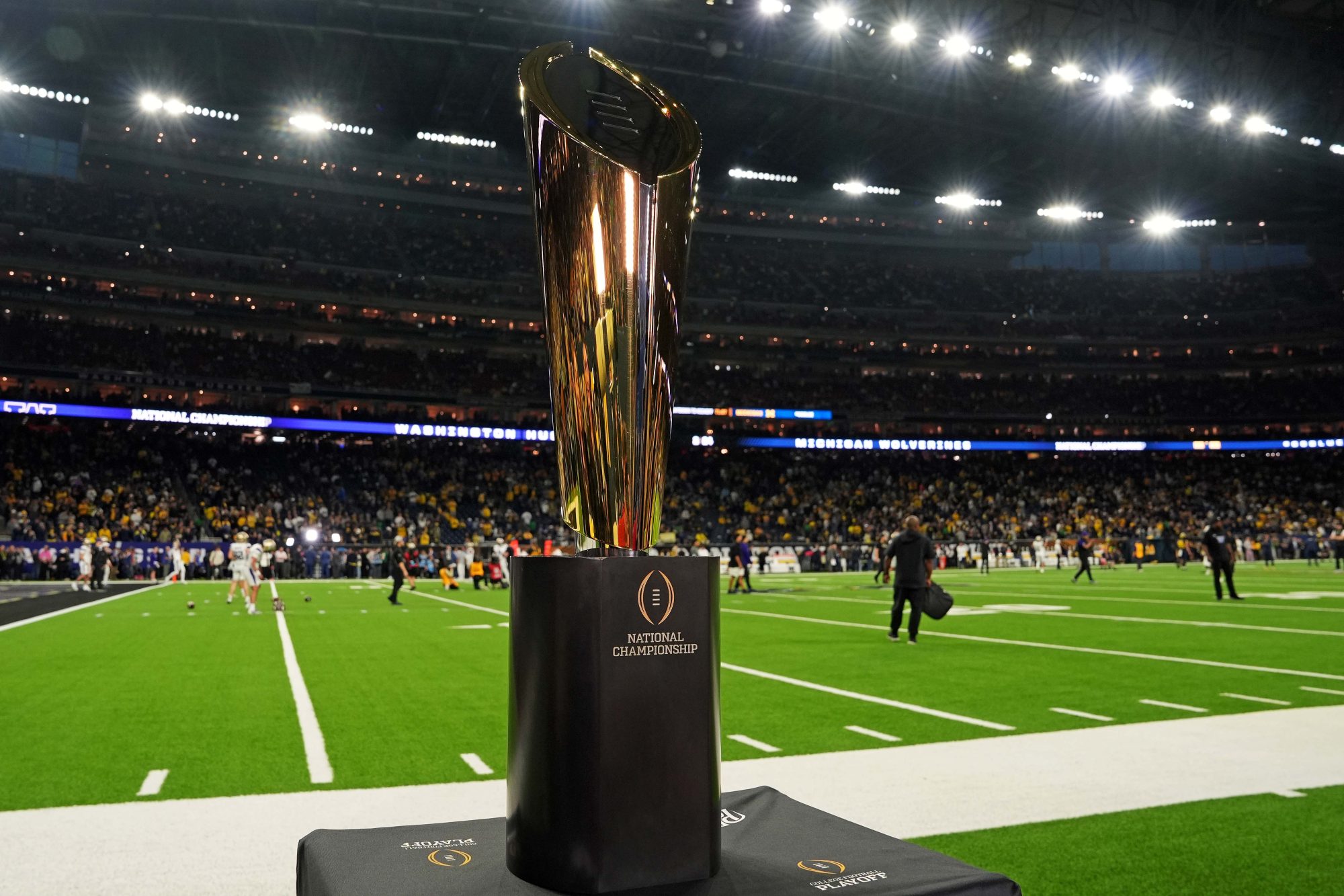 Jan 8, 2024; Houston, TX, USA; A view of the CFP Trophy before the 2024 College Football Playoff national championship game between the Michigan Wolverines and the Washington Huskies at NRG Stadium.