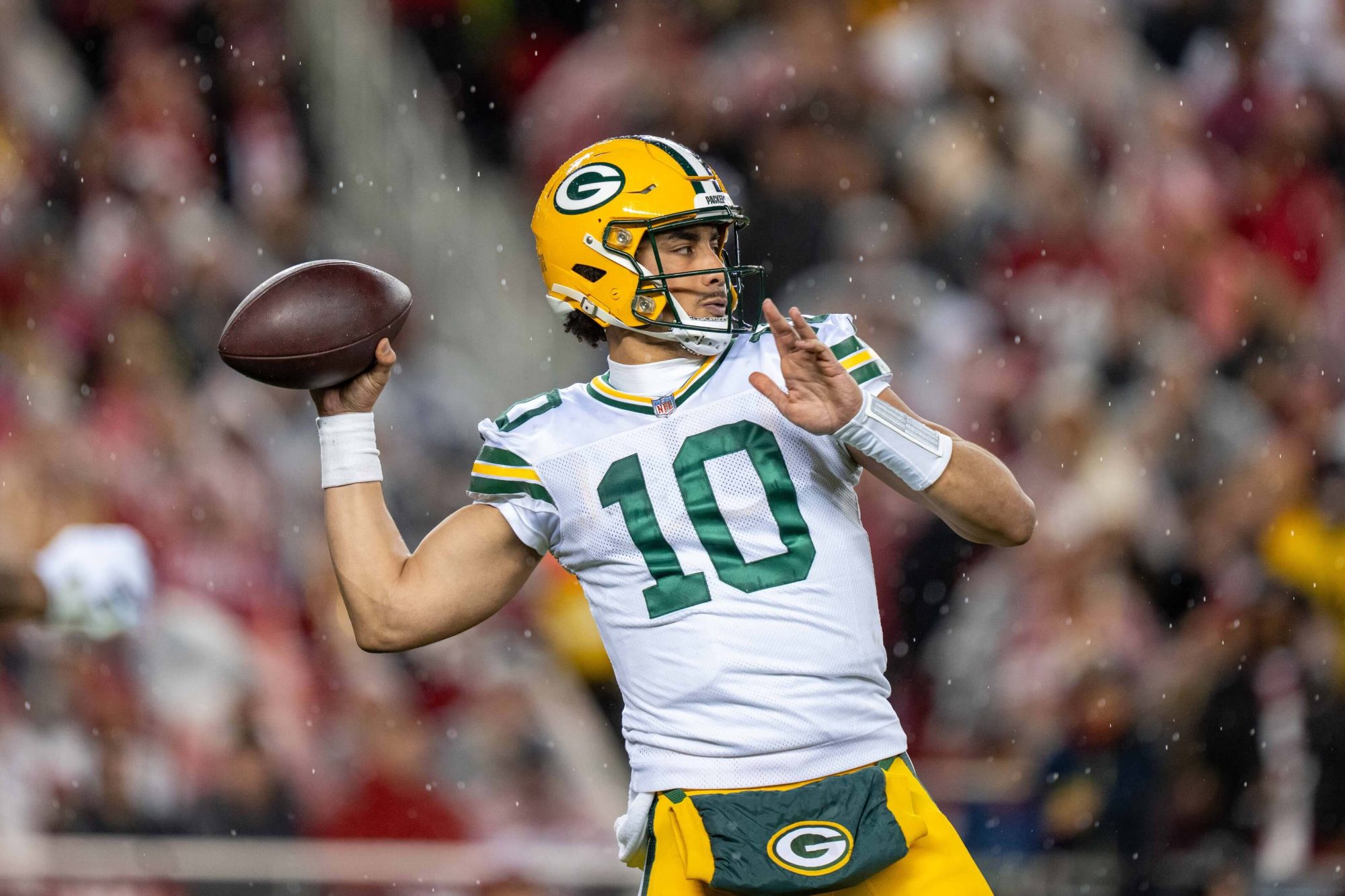 January 20, 2024; Santa Clara, CA, USA; Green Bay Packers quarterback Jordan Love (10) during the second quarter in a 2024 NFC divisional round game against the San Francisco 49ers at Levi's Stadium. Mandatory Credit: Kyle Terada-USA TODAY Sports