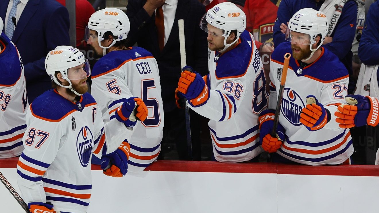 Jun 18, 2024; Sunrise, Florida, USA; Edmonton Oilers forward Connor McDavid (97) celebrates scoring during the second period against the Florida Panthers in game five of the 2024 Stanley Cup Final at Amerant Bank Arena.