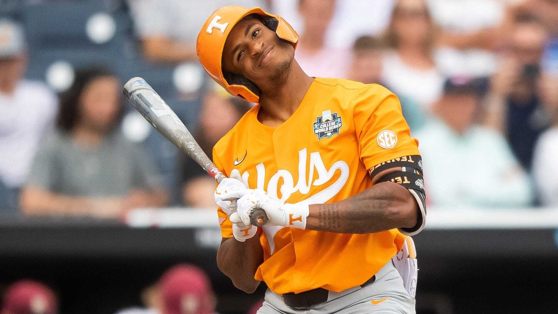 Tennessee's Christian Moore (1) doesn't like the strike call while batting during a NCAA College World Series game between Tennessee and Florida State at Charles Schwab Field in Omaha, Neb., on Wednesday, June 19, 2024.