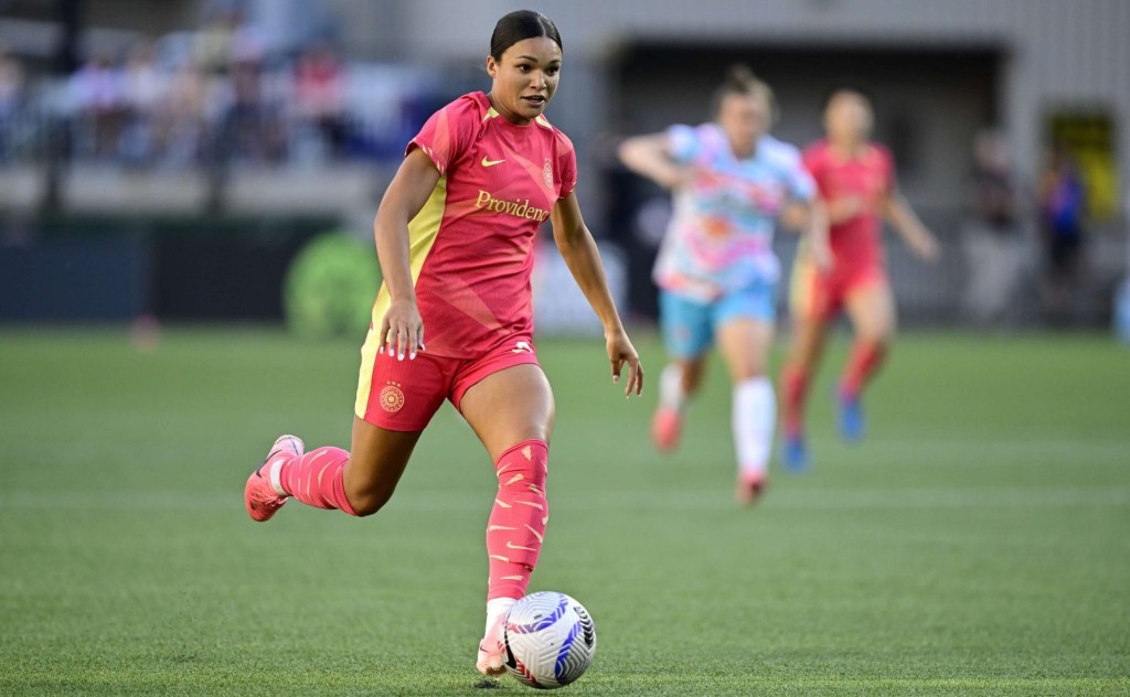 Jul 5, 2024; Portland, Oregon, USA; Portland Thorns FC forward Sophia Smith (9) dribbles during the first half against the San Diego Wave FC at Providence Park. Mandatory Credit: Troy Wayrynen-USA TODAY Sports