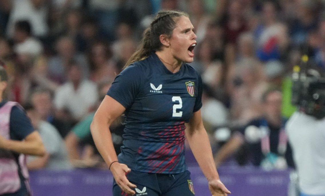 Jul 29, 2024; Paris Saint-Denis, France; United States forward Ilona Maher (2) reacts against Great Britain in a women's quarterfinal rugby match during the Paris 2024 Olympic Summer Games at Stade de France.