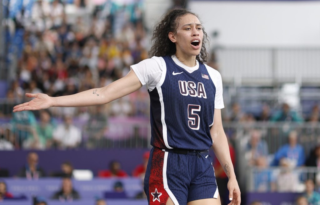 Jul 30, 2024; Paris, France; United States player Dearica Hamby (5) reacts in the women’s pool basketball 3x3 game during the Paris 2024 Olympic Summer Games at La Concorde 1.