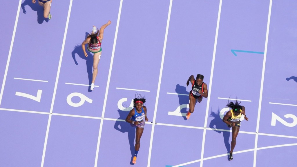 Aug 2, 2024; Paris, FRANCE; Twanisha Terry (USA) wins a women's 100m round 1 race during the Paris 2024 Olympic Summer Games at Stade de France.