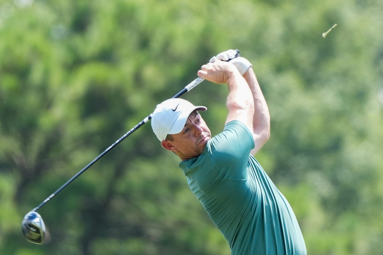 Rory McIlroy tees off during the second day of the FedEx St. Jude Championship at TPC Southwind in Memphis, Tenn., on Friday, August 16, 2024.