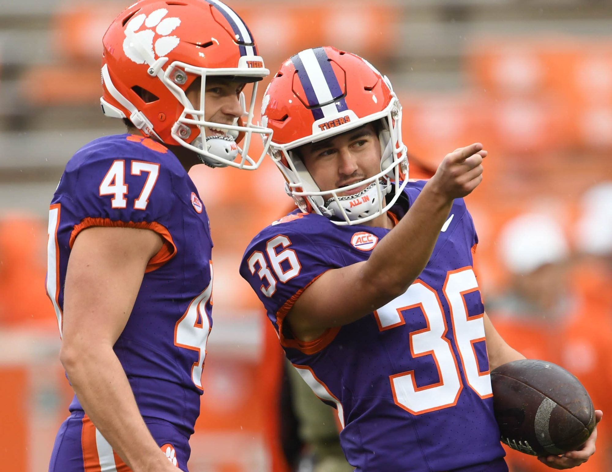 Clemson kicker Hogan Morton (47) and kicker Quinn Castner (36) warm up before kickoff with Georgia Tech Nov 11, 2023; Clemson, South Carolina, USA; at Memorial Stadium.