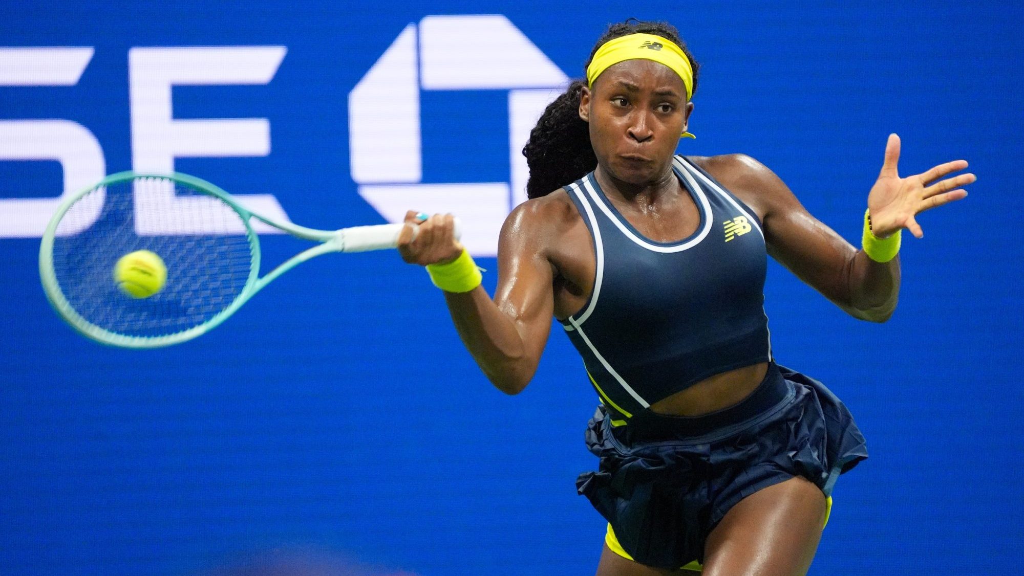 Aug 28, 2024; Flushing, NY, USA; Coco Gauff (USA) hits to Tatjana Maria (GER) on day three of the 2024 U.S. Open tennis tournament at USTA Billie Jean King National Tennis Center.