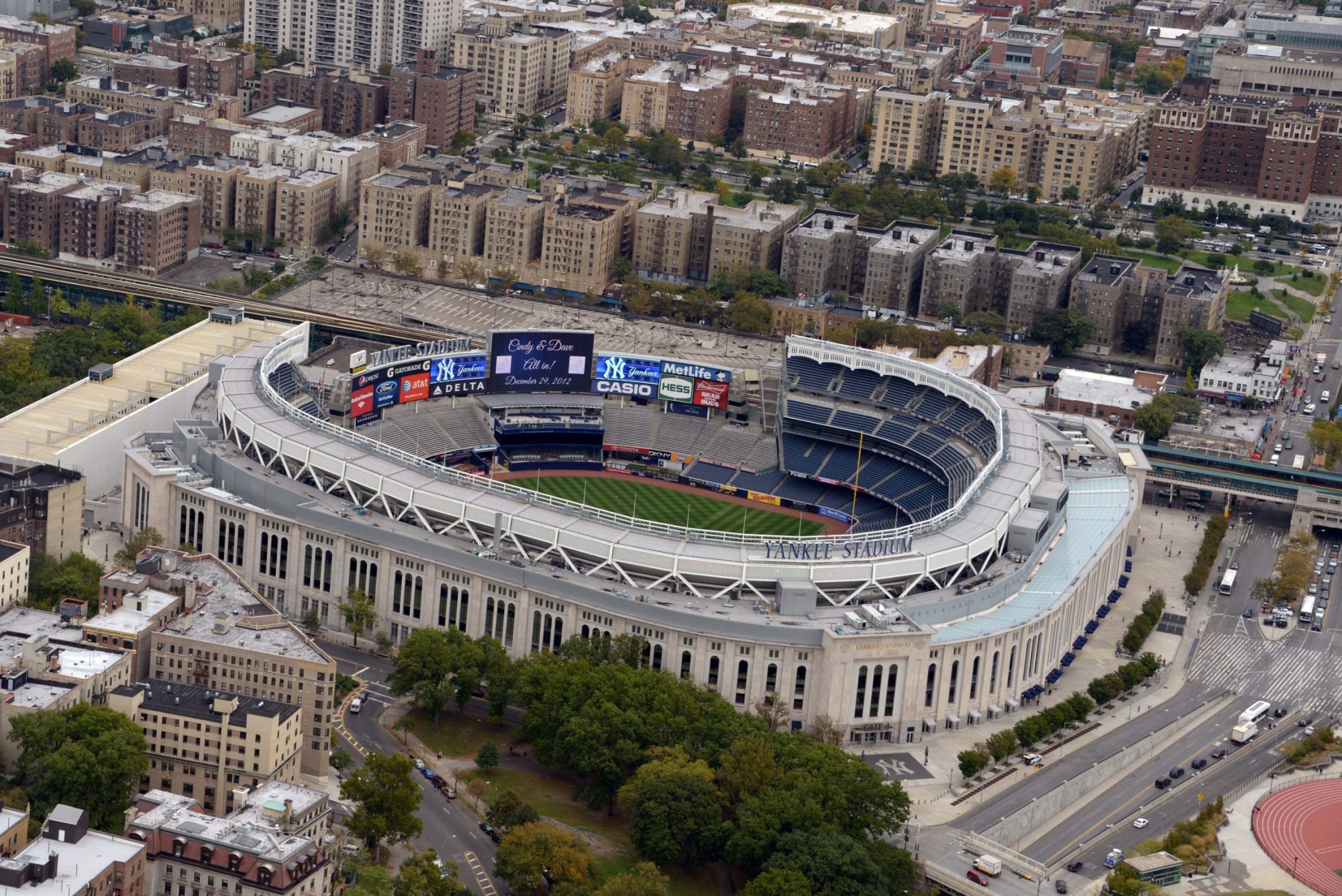 Oct 8, 2012; East Rutherford, NJ, USA; Aerial view of Yankee Stadium. Mandatory Credit: Kirby Lee/Image of Sport-USA TODAY Sports