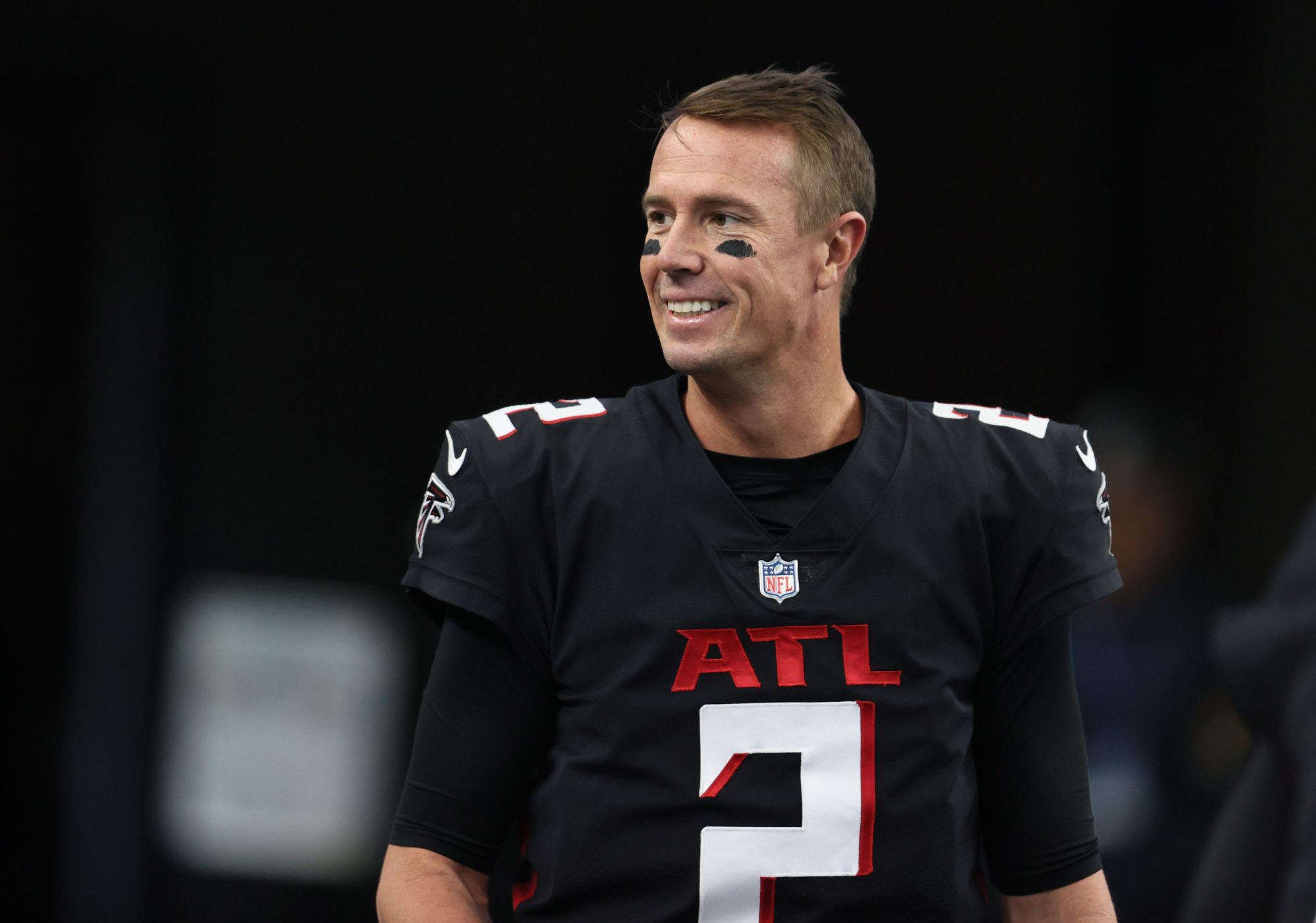 Nov 14, 2021; Arlington, Texas, USA; Atlanta Falcons quarterback Matt Ryan (2) smiles prior to the game against the Dallas Cowboys at AT&T Stadium.