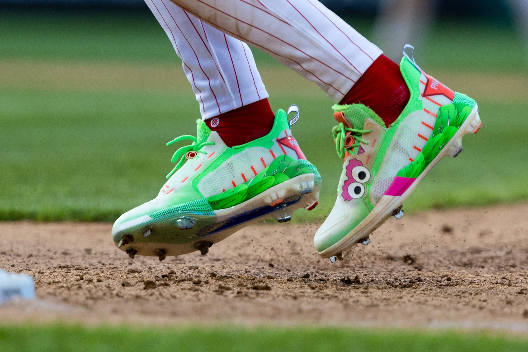 Apr 8, 2022; Philadelphia, Pennsylvania, USA; The cleats of Philadelphia Phillies right fielder Bryce Harper (3) as he runs the bases against the Oakland Athletics during the seventh inning at Citizens Bank Park.