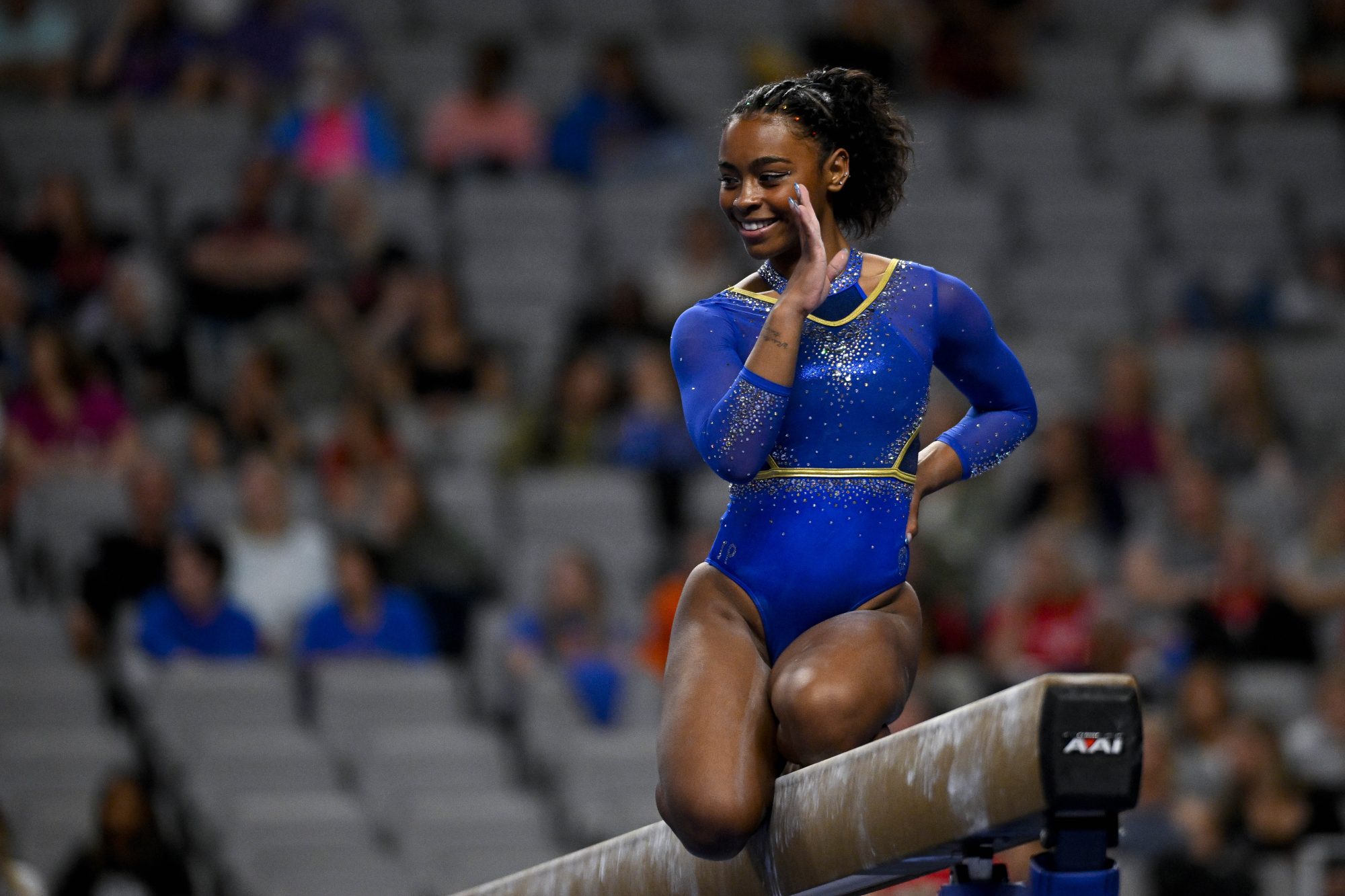 Apr 13, 2023; Fort Worth, TX, USA; UCLA Bruins gymnast Selena Harris performs on beam during the NCAA Women's National Gymnastics Tournament Semifinal at Dickies Arena.