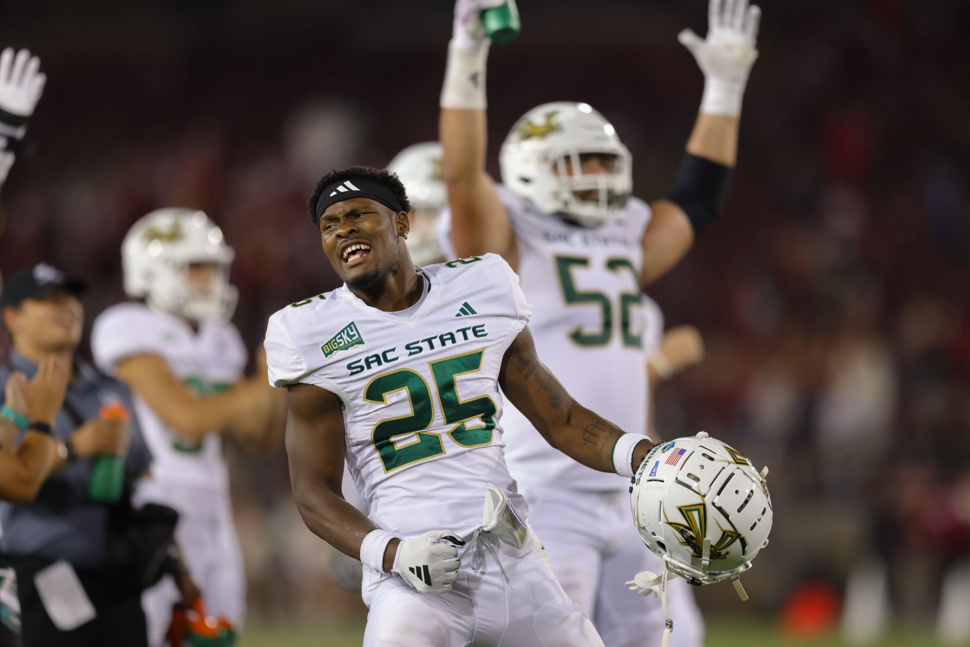 Sep 16, 2023; Stanford, California, USA; Sacramento State Hornets running back Elijah Tau-Tolliver (25) celebrates after a touchdown during the fourth quarter against the Stanford Cardinal at Stanford Stadium.