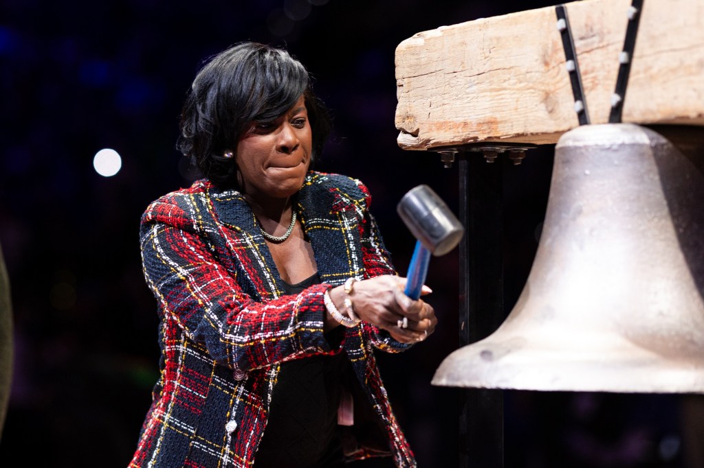 Jan 15, 2024; Philadelphia, Pennsylvania, USA; Philadelphia mayor Cherelle Parker rings the ceremonial bell before action between the Philadelphia 76ers and the Houston Rockets at Wells Fargo Center.