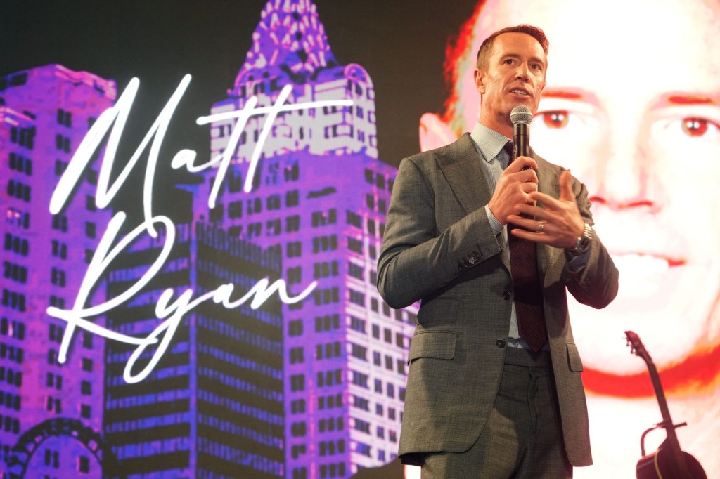 Feb 9, 2024; Las Vegas, NV, USA; Former quarterback Matt Ryan speaks during the Legends NFL Party.