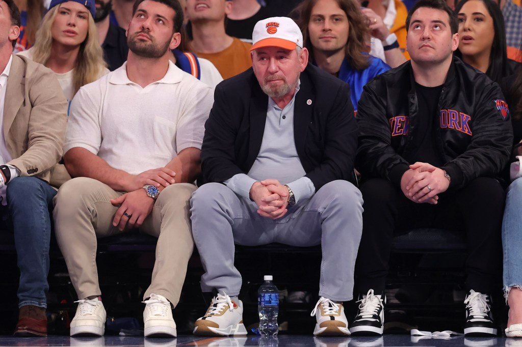 May 19, 2024; New York, New York, USA; New York Knicks executive chairman James Dolan sits court side during the first quarter of game seven of the second round of the 2024 NBA playoffs against the Indiana Pacers at Madison Square Garden. Mandatory