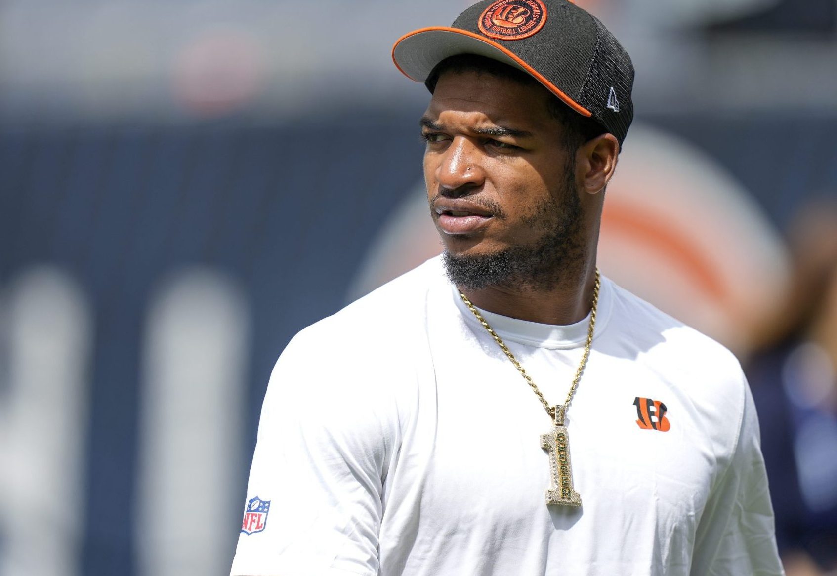 Cincinnati Bengals wide receiver Ja'Marr Chase (1) walks the field during warmups before the NFL Preseason Week 2 game between the Chicago Bears and the Cincinnati Bengals at Soldier Field in downtown Chicago on Saturday, Aug. 17, 2024.
