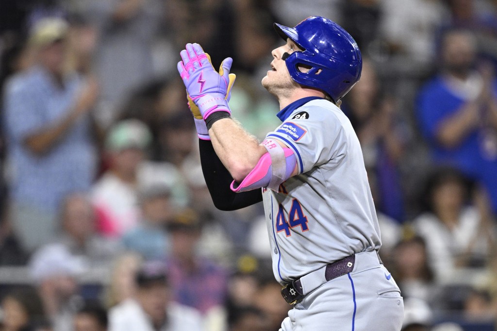 Aug 24, 2024; San Diego, California, USA; New York Mets center fielder Harrison Bader (44) celebrates while rounding the bases after hitting a home run against the San Diego Padres during the eighth inning at Petco Park.