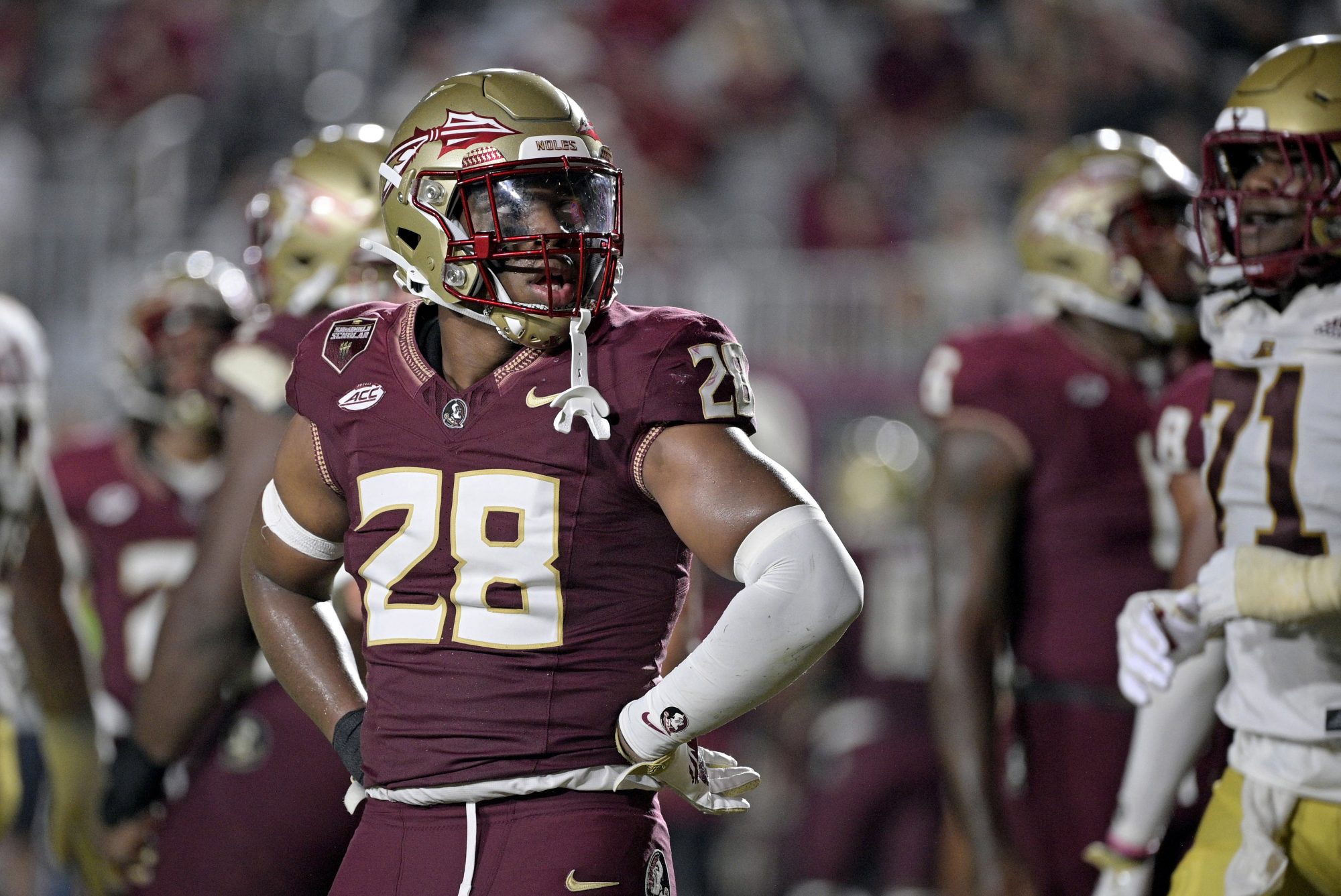 Sep 2, 2024; Tallahassee, Florida, USA; Florida State Seminoles linebacker Justin Cryer (28) reacts during the fourth quarter against the Boston College Eagles at Doak S. Campbell Stadium.