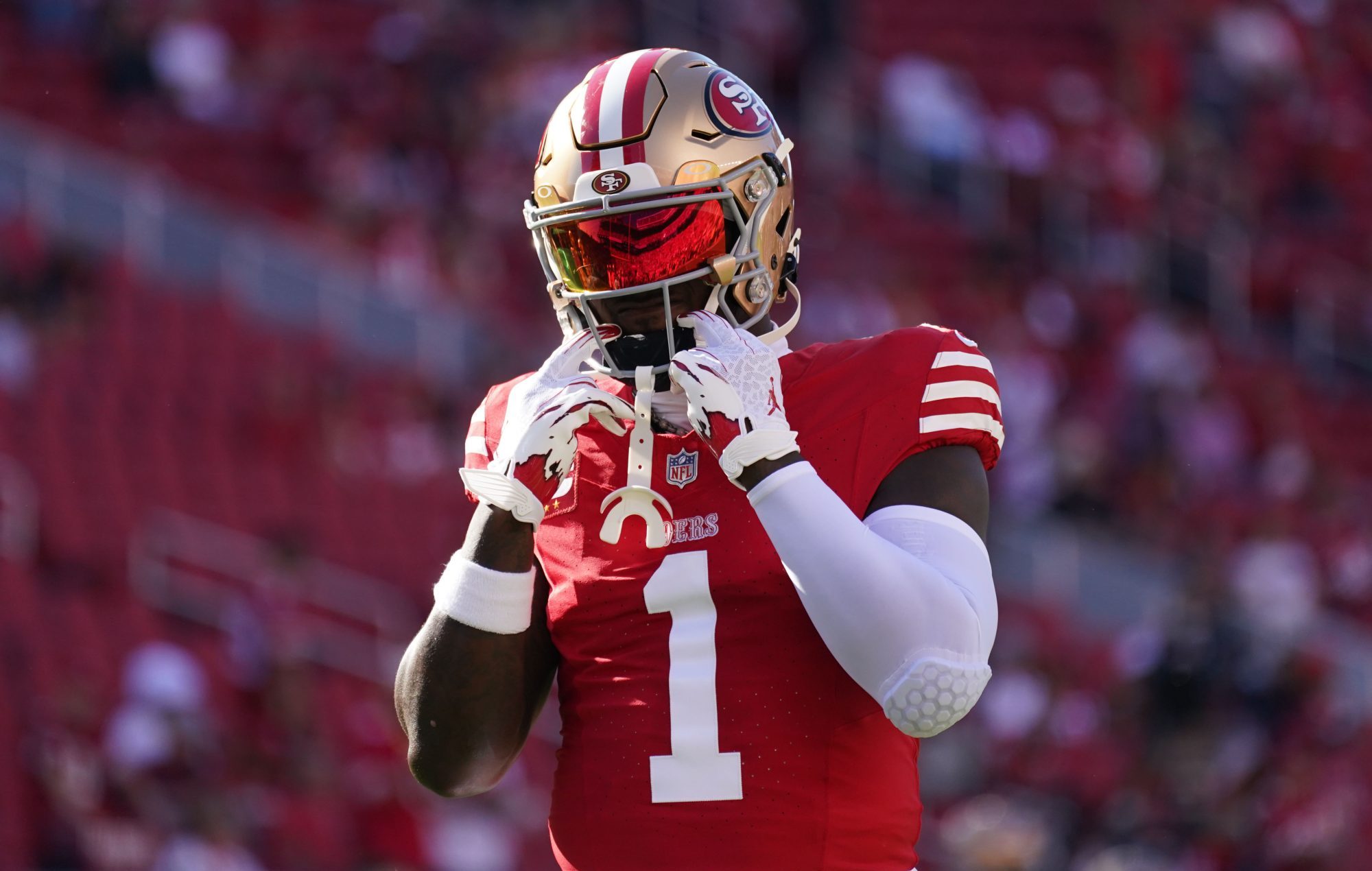 Sep 9, 2024; Santa Clara, California, USA; San Francisco 49ers wide receiver Deebo Samuel (1) warms up before a game against the New York Jets at Levi's Stadium.