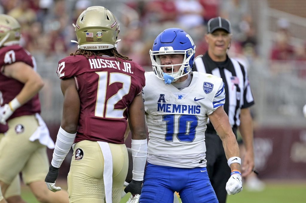 Sep 14, 2024; Tallahassee, Florida, USA; Memphis Tigers wide receiver Koby Drake (10) celebrates after a big play against the Florida State Seminoles during the first half at Doak S. Campbell Stadium