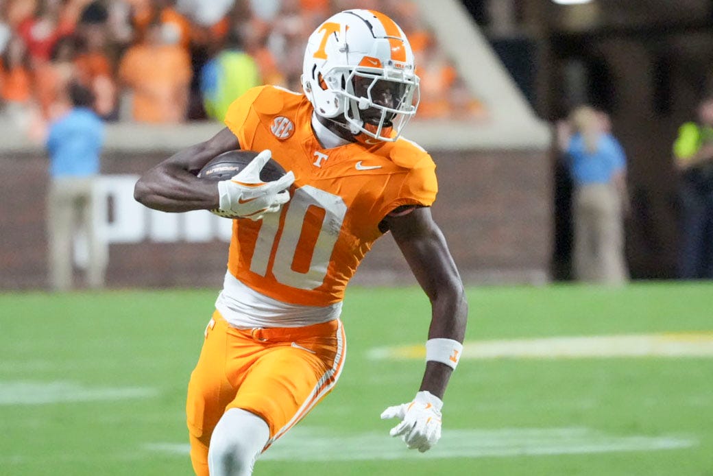 Tennessee wide receiver Mike Matthews (10) runs downfield after making a catch during the NCAA College football game against Kent State on Saturday, September 14, 2024, in Knoxville, Tenn.